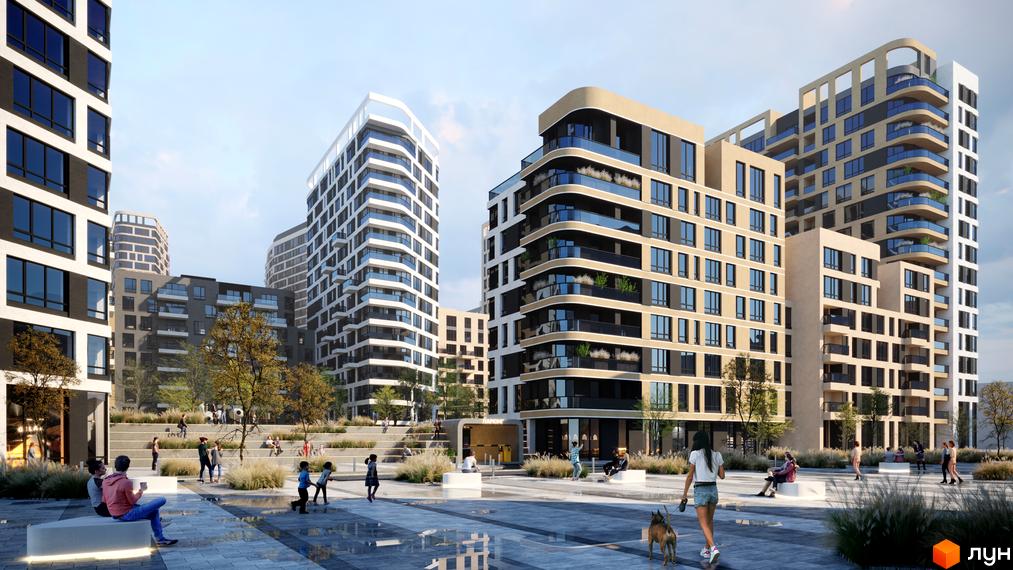 Сучасний житловий комплекс з багатоповерховими будинками та просторою прибудинковою територією з місцями для відпочинку та прогулянок.
