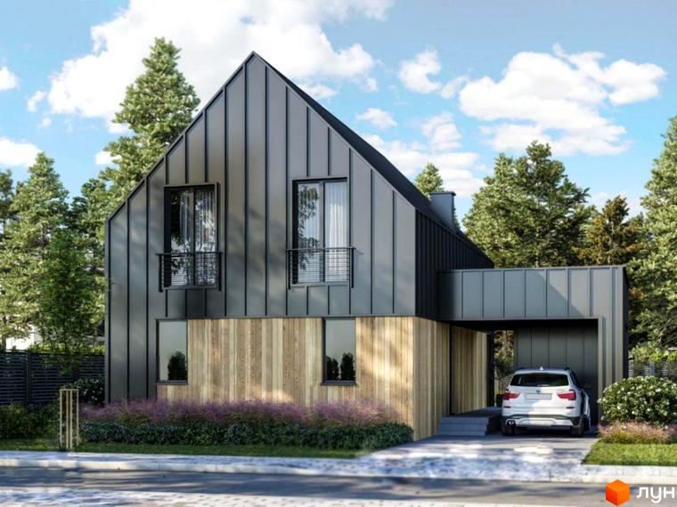 Котеджне містечко Forest Dream: двоповерховий будинок з металевим фасадом та дерев'яними елементами, з гаражем та автомобілем на подвір'ї.