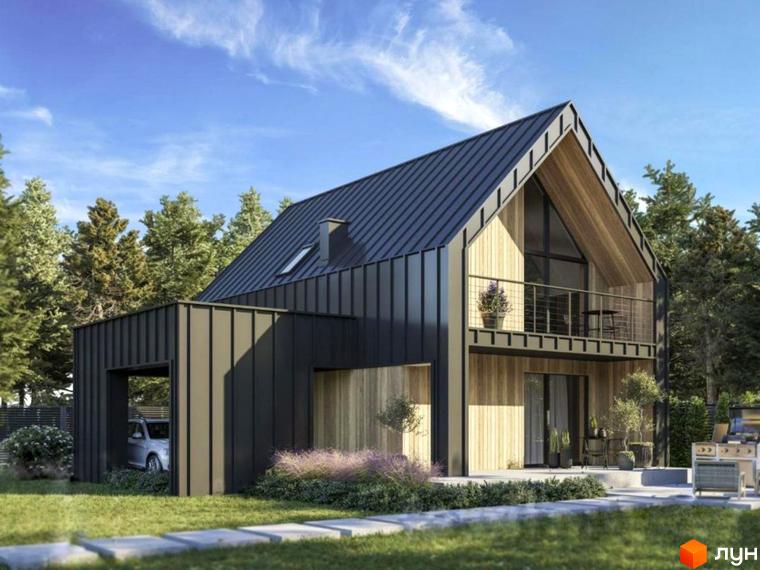 Котеджне містечко Forest Dream: двоповерховий будинок з темним металевим дахом та дерев'яними елементами фасаду, розташований серед соснового лісу. Навколо будинку доглянутий газон та доріжки.