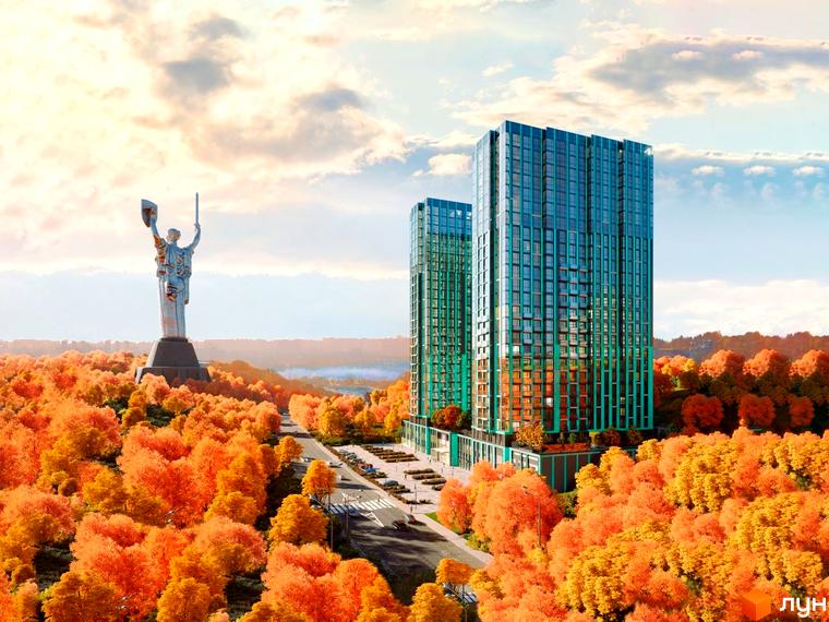 Житловий комплекс EDELDORF HILLS з висотними будинками та осіннім парком. Вид на монумент Батьківщина-мати.