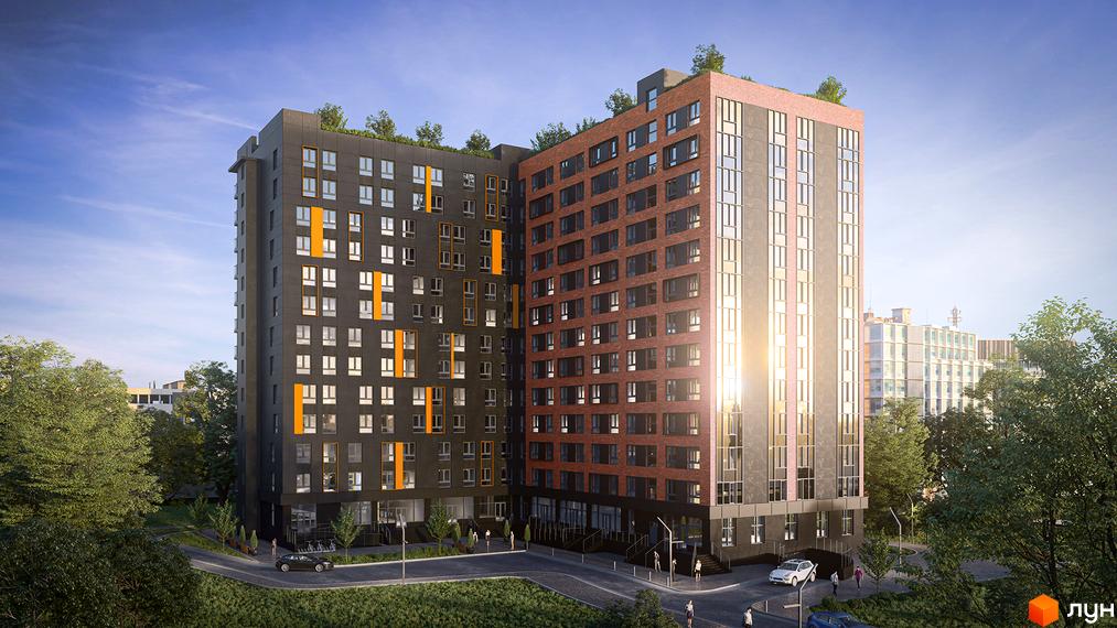 Зовнішній вигляд новобудови Urban One Sumskaya з цегляним та темним фасадом та прибудинковою територією з деревами та дорогою.