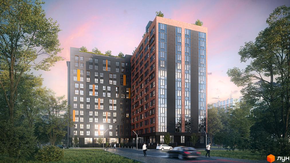 Житловий комплекс Urban One Sumskaya з цегляним фасадом та сірими панелями, оточений деревами та зеленою зоною. Сучасна архітектура новобудови.