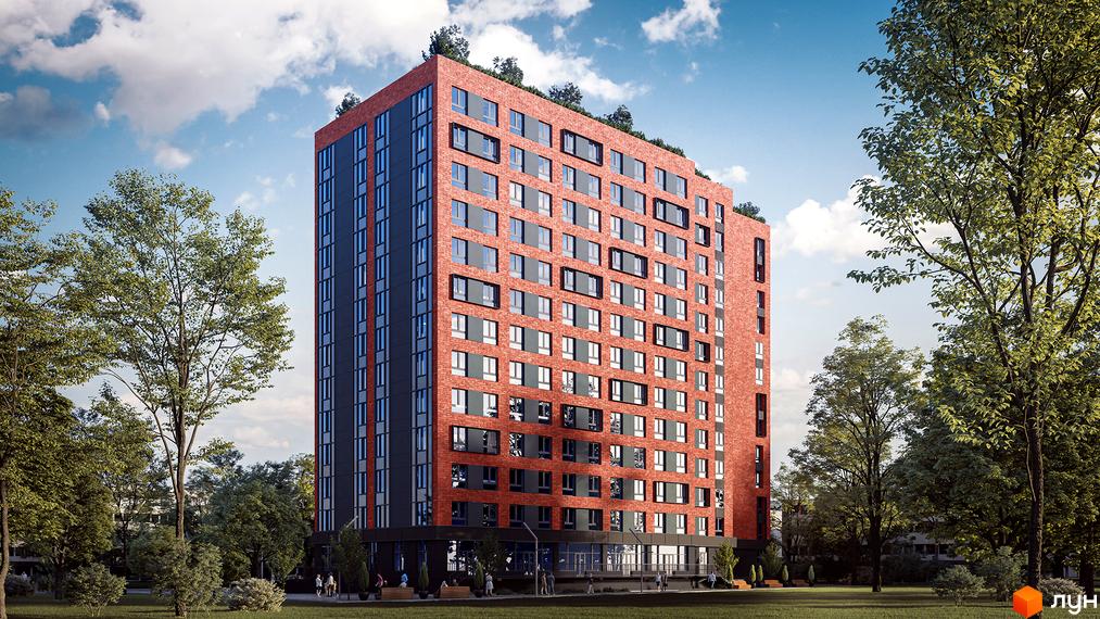 Зовнішній вигляд житлового комплексу Urban One Sumskaya з червоної цегли та темними панелями, оточений деревами та зеленою зоною.