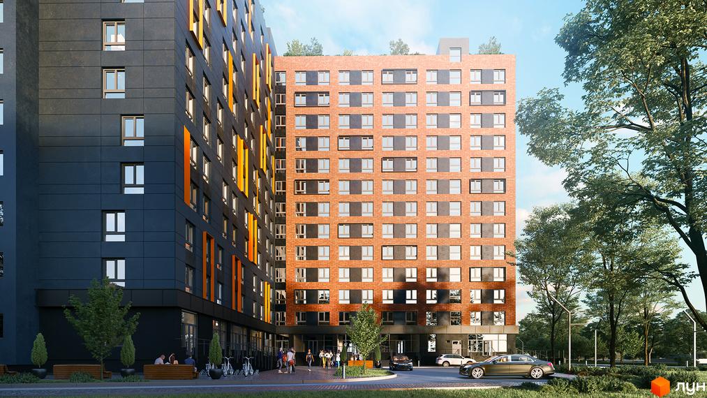 Зовнішній вигляд житлового комплексу Urban One Sumskaya з цегляним фасадом та темними панелями, прибудинкова територія з деревами та автомобілями.