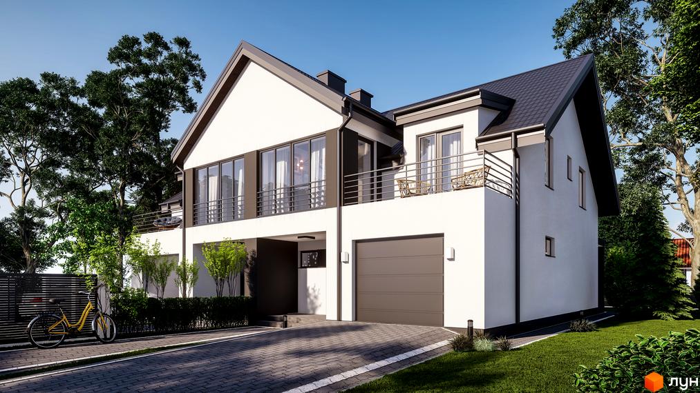 Зовнішній вигляд дуплексу Зубра Hills з гаражем та балконом. Прибудинкова територія з велосипедом та зеленими насадженнями.