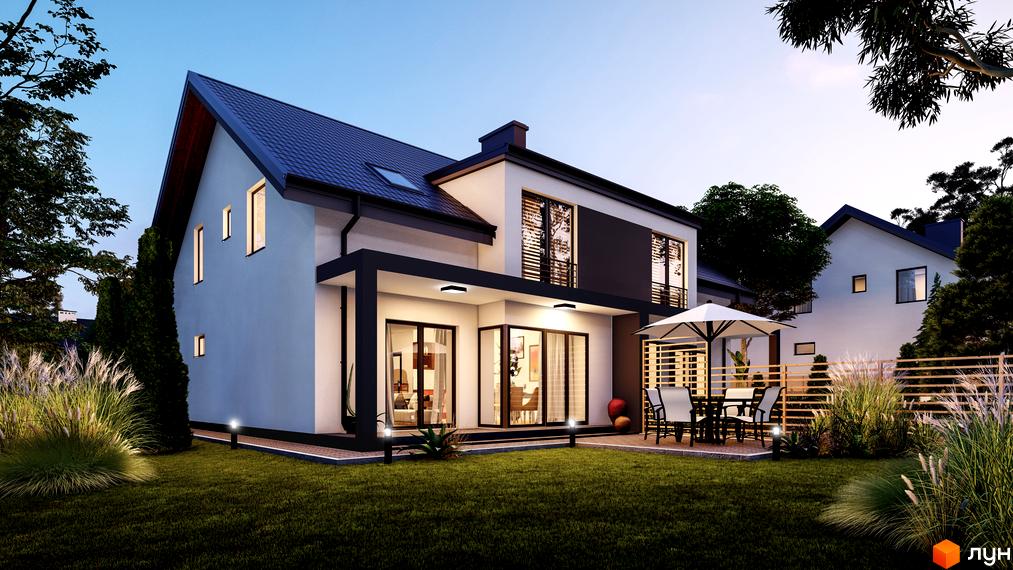 Зовнішній вигляд дуплексу Зубра Hills з терасою та зоною відпочинку на задньому дворі. Сучасний житловий комплекс з доглянутою територією.