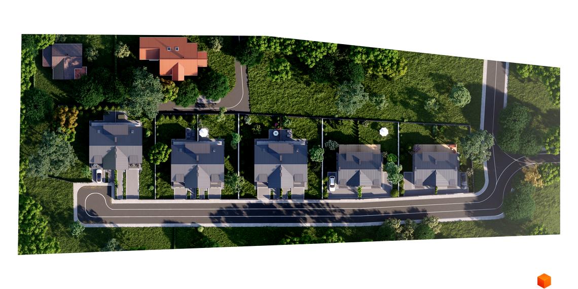 Зубра Hills: вид зверху на сучасні дуплекси з сірими дахами та прибудинковою територією з зеленими насадженнями та дорогою.