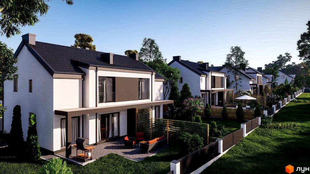 Зубра Hills – це сучасний житловий комплекс з білими фасадами та темними дахами, що розташований серед зеленої зони з доглянутими подвір'ями та парканами.