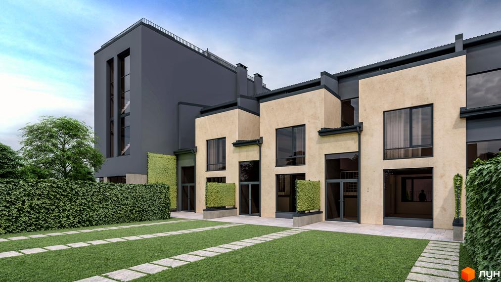 Таунхаус LYPYNSKY 34 з фасадом з піщанику та сірої штукатурки, з доглянутою зеленою прибудинковою територією та доріжками для паркування.