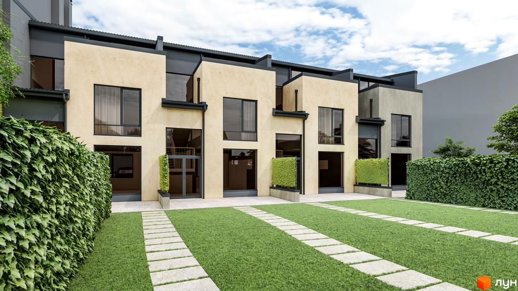 Таунхаус LYPYNSKY 34 - цегляні фасади, великі вікна та зелена прибудинкова територія з доріжками. Зовнішній вигляд новобудови.