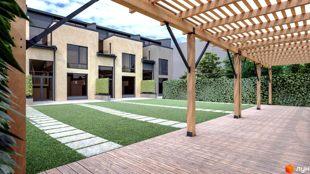 Таунхаус LYPYNSKY 34: фасади будівель з великими вікнами та зелені зони з доріжками з плитки. Прибудинкова територія з дерев'яною терасою та перголою.