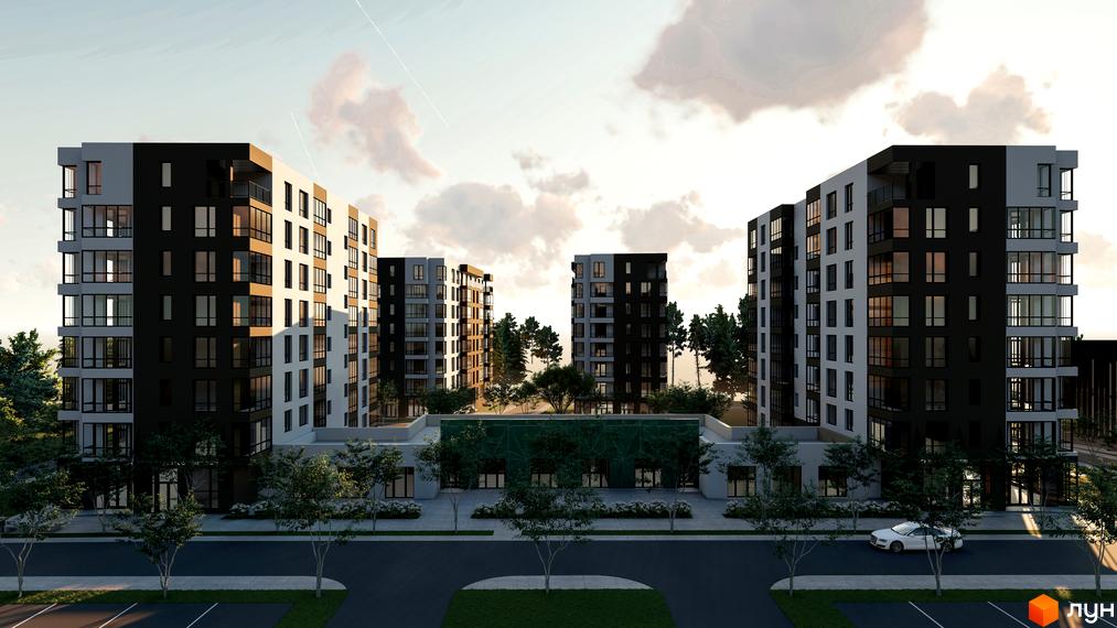 Зовнішній вигляд житлового комплексу GREENHOUSE CITY з багатоповерховими будинками чорно-білого кольору та зеленою зоною відпочинку між ними. Прибудинкова територія з деревами та парковкою.