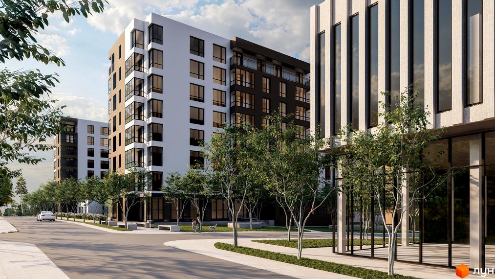 Житловий комплекс GREENHOUSE CITY з білими та темно-коричневими фасадами, великими вікнами та зеленою прибудинковою територією з деревами та пішохідними доріжками.