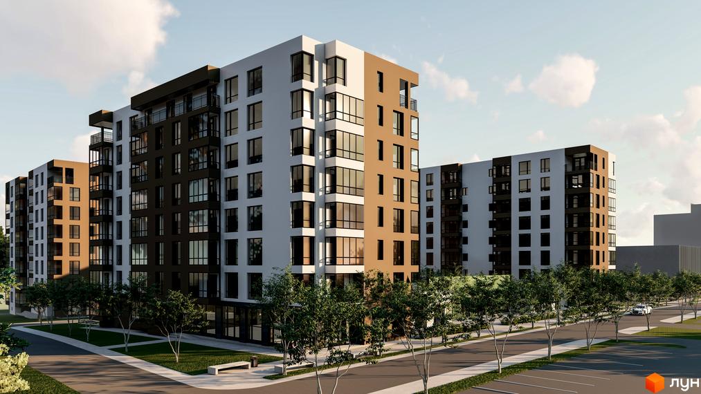 Будівельний проєкт GREENHOUSE CITY з біло-коричневими фасадами та великою кількістю вікон. На прибудинковій території висаджені дерева та облаштовані місця для відпочинку.