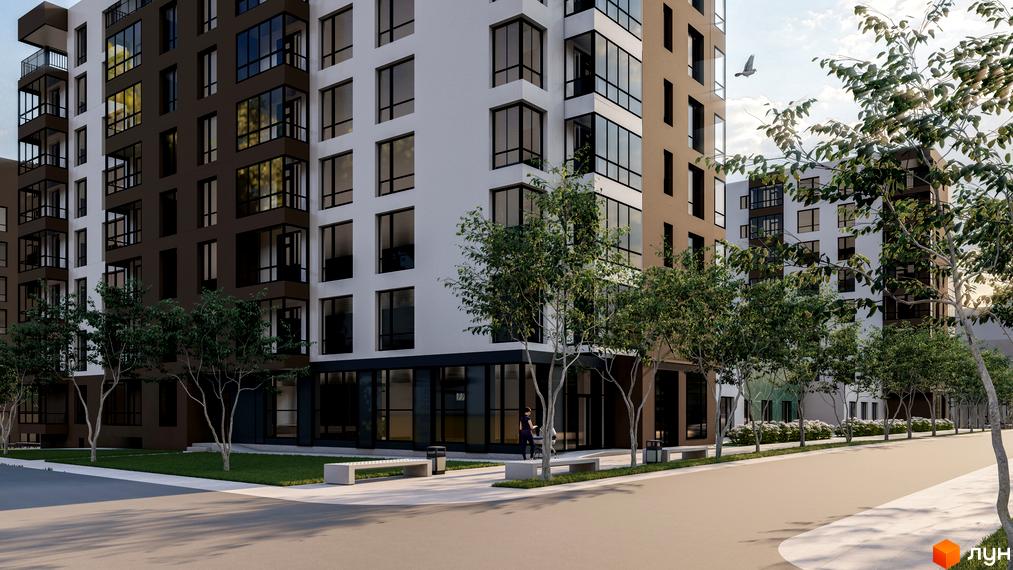 Житловий комплекс GREENHOUSE CITY: фасади будівель з коричневими та білими секціями, великі вікна, балкони, зелені насадження та лавки на прибудинковій території.
