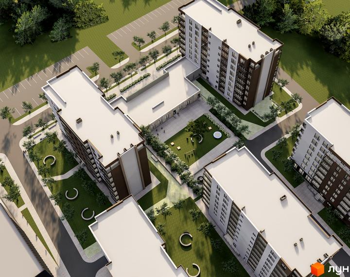 Вид зверху на житловий комплекс GREENHOUSE CITY з багатоквартирними будинками та прибудинковою територією з зеленими зонами та дитячим майданчиком.