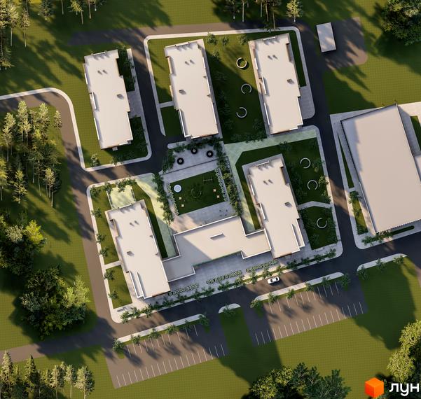 Вид зверху на житловий комплекс GREENHOUSE CITY з білими багатоквартирними будинками та зеленою прибудинковою територією з зонами відпочинку та парковкою.
