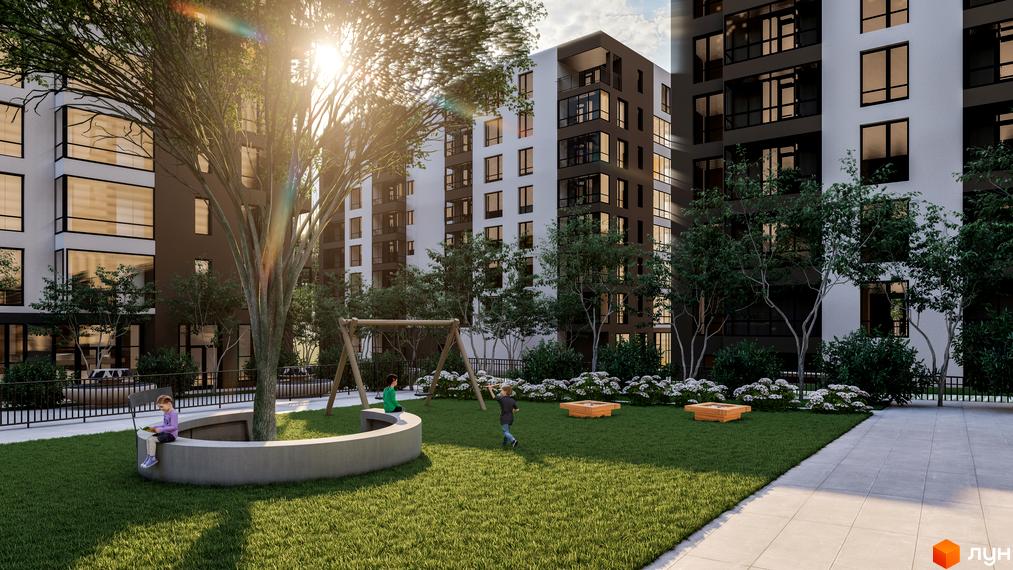 Житловий комплекс GREENHOUSE CITY з біло-темними фасадами та великими вікнами. На території є дитячий майданчик та зелений двір.