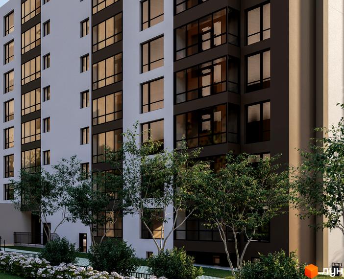 Зовнішній вигляд багатоповерхового будинку ЖК GREENHOUSE CITY з великими вікнами та прибудинковою територією з деревами та квітами.