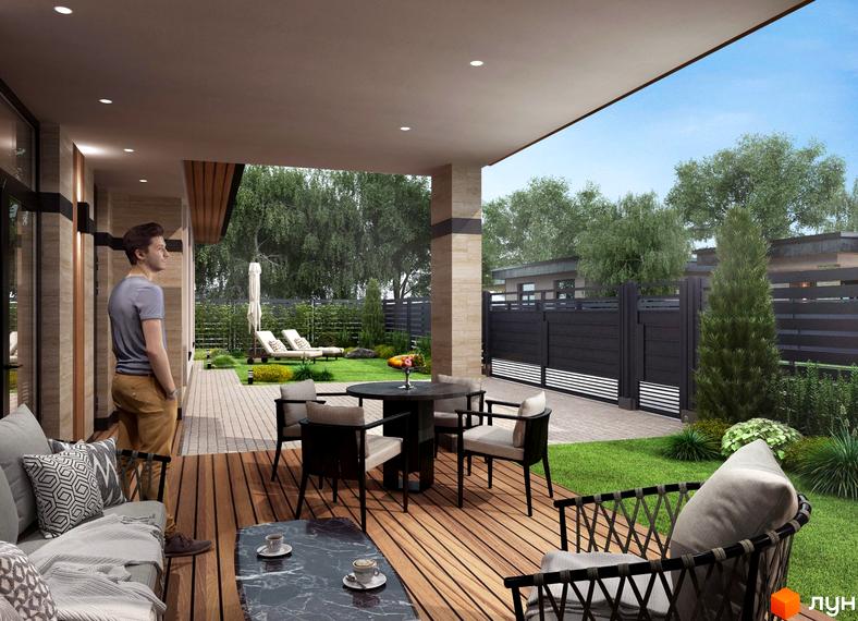 Котеджне містечко КМ Semila: затишна тераса з меблями та зелений двір з лежаками. Насолоджуйтесь відпочинком на свіжому повітрі.