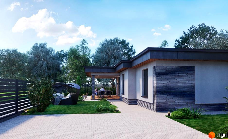 Котеджне містечко Semila (Дайберг) - одноповерховий будинок з цегляним фасадом та навісом, поруч зелений двір з зоною відпочинку.