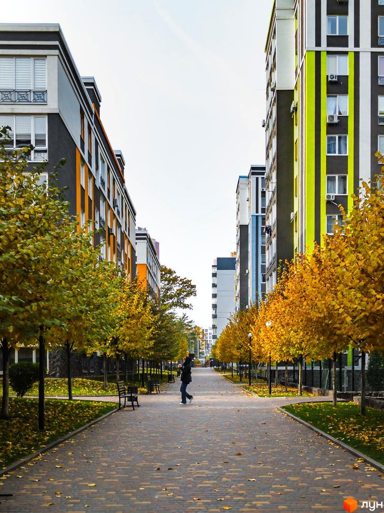 Житловий комплекс Фортуна-2. Високі будинки з фасадами сірого, чорного, жовтого та білого кольорів. Дорога з бруківки, алея з деревами з жовтим листям.