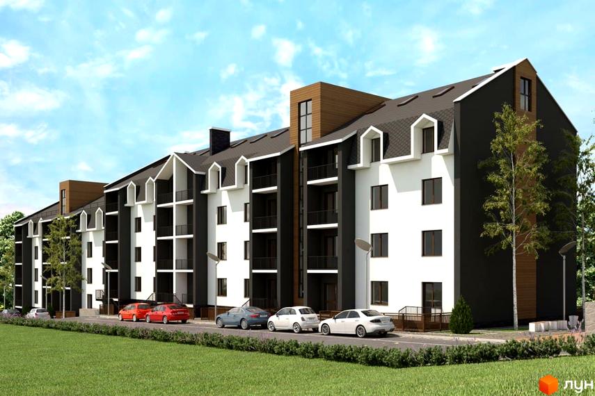 Зображення фасаду Житлового комплексу Luka City. На передньому плані припарковані автомобілі та зелений газон.