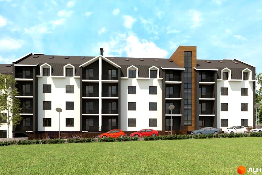 Зображення фасаду та прибудинкової території Житлового комплексу Luka City з автомобілями на передньому плані.