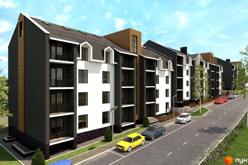 Зображення фасаду та прибудинкової території Житлового комплексу Luka City. На передньому плані припарковані автомобілі.
