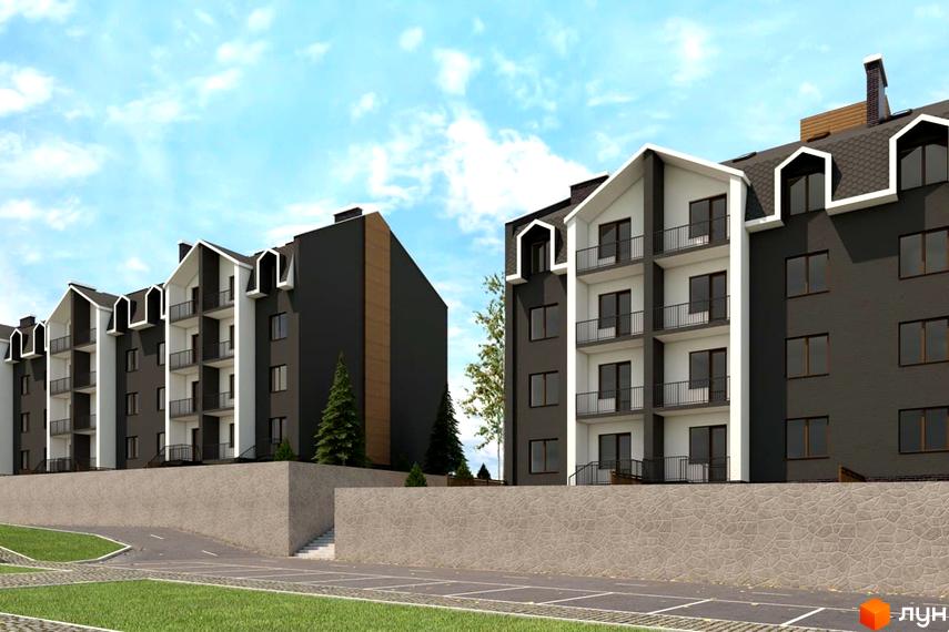 Новобудова ЖК Лука Сіті з фасадами темного та світлого кольору, балконами та великими вікнами. Навколо будівель розташована прибудинкова територія з газоном та кам'яною стіною.
