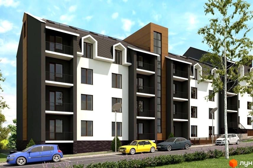 Зображення фасаду та прибудинкової території Житлового комплексу Luka City. На передньому плані припарковані автомобілі.