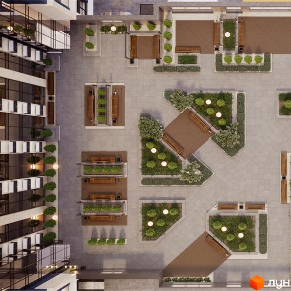 Житловий комплекс Edelweiss House з висоти пташиного польоту. Огляд прибудинкової території з ландшафтним дизайном, зонами відпочинку та озелененням.