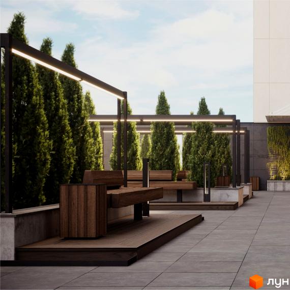 Житловий комплекс Edelweiss House: сучасний дизайн екстер'єру та затишна прибудинкова територія з дерев'яними лавами та освітленням. Зелені насадження створюють приємну атмосферу.