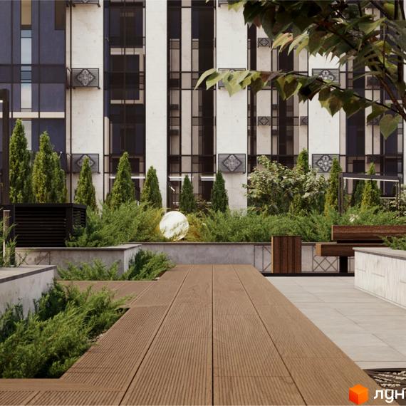 Житловий комплекс Edelweiss House: фасад будівлі з великими вікнами та декоративними елементами. Прибудинкова територія з терасою, ландшафтним дизайном та зонами відпочинку.