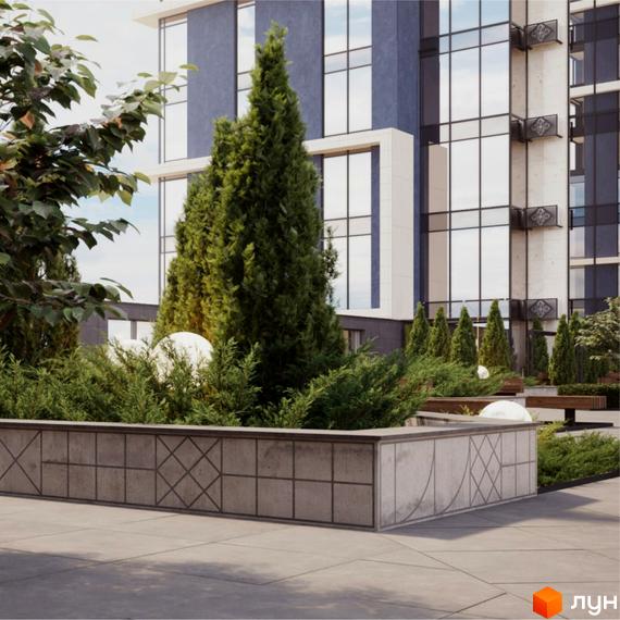 Житловий комплекс Edelweiss House з елегантною фасадною архітектурою та зеленою зоною відпочинку. Сучасний житловий комплекс з великими вікнами та декоративними елементами.