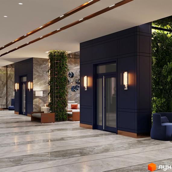 Інтер'єр холу житлового комплексу Edelweiss House з мармуровою підлогою, вертикальним озелененням та елегантними світильниками. Сучасний дизайн простору для комфортного життя.