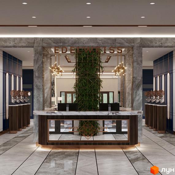 Житловий комплекс Edelweiss House, сучасний дизайн рецепції з мармуровим покриттям та зеленою колоною. Просторий хол з елегантними світильниками та декором.