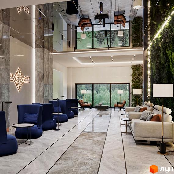 Інтер'єр лобі житлового комплексу Edelweiss House з диванами, кріслами та зеленою стіною. Сучасний дизайн простору для відпочинку.