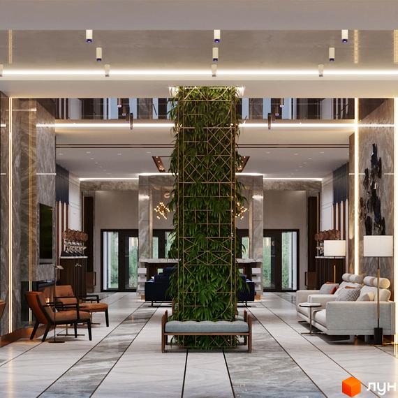 Інтер'єр холу житлового комплексу Edelweiss House з вертикальним озелененням та зоною відпочинку. Сучасний дизайн та комфорт для мешканців.