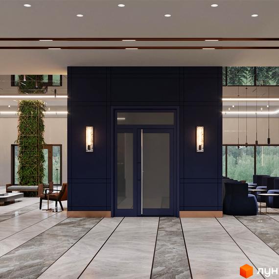 Вхідна група житлового комплексу Edelweiss House з темними дверима та вікнами, оздоблена вертикальними світильниками. Просторий хол з мармуровою підлогою та зеленою колоною.