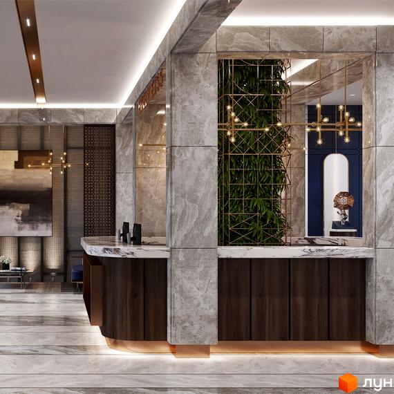 Інтер'єр лобі житлового комплексу Edelweiss House з мармуровою стійкою реєстрації та вертикальним садом. Елегантний дизайн з акцентом на природні матеріали та сучасне освітлення.