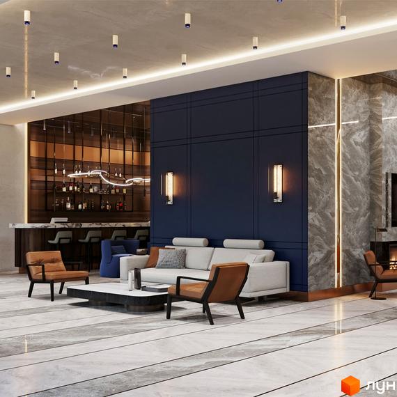 Інтер'єр вітальні в ЖК Edelweiss House з диваном, кріслами та кавовим столиком біля бару. Просторий зал з мармуровою підлогою та елегантним освітленням.