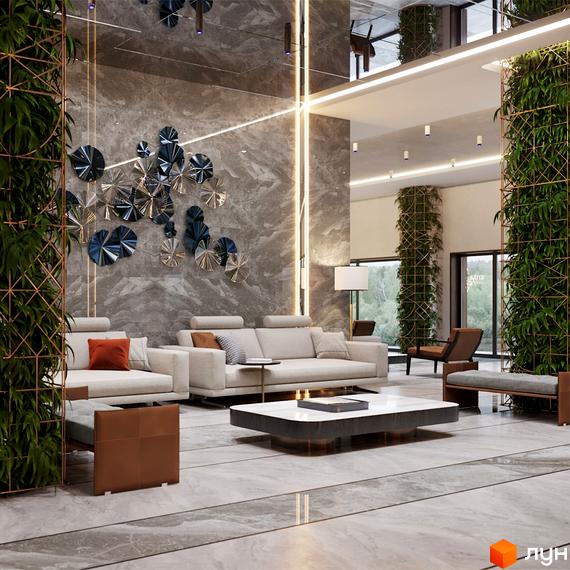 Інтер'єр вітальні в ЖК Edelweiss House з диванами, кавовим столиком та вертикальним озелененням. Простір оформлений у сірих тонах з акцентами на натуральні матеріали та рослини.