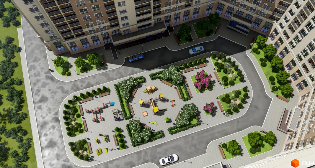 Вигляд зверху на Житловий комплекс Одеські традиції на Глушко. На території дитячий майданчик, ландшафтний дизайн та місця для відпочинку.