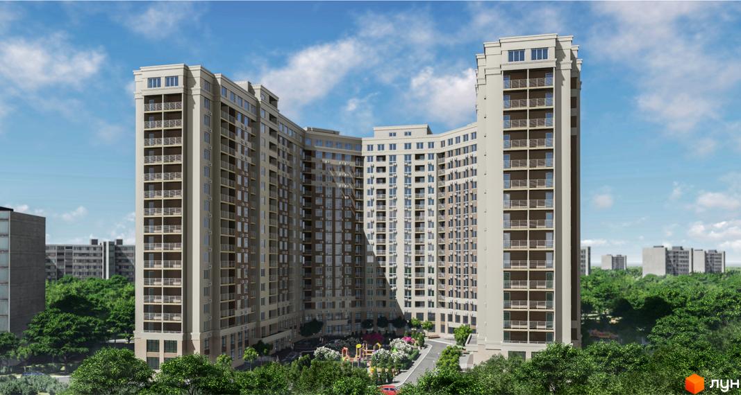 Зображення Житлового комплексу Одеські традиції на Глушко. Вид на багатоповерховий будинок з балконами та зелену прибудинкову територію.