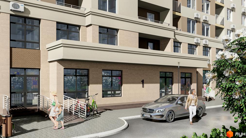 Зображення фасаду та вхідної групи Житлового комплексу Одеські традиції на Глушко. Вигляд будівлі та прибудинкова територія.