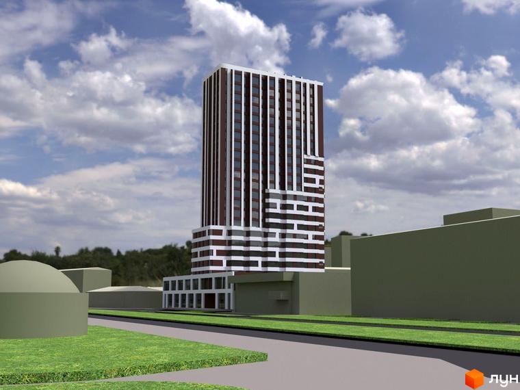 Зовнішній вигляд новобудови ЖК Космос з біло-коричневим фасадом та вікнами, на фоні хмарного неба. Прибудинкова територія з зеленими газонами та дорогою.