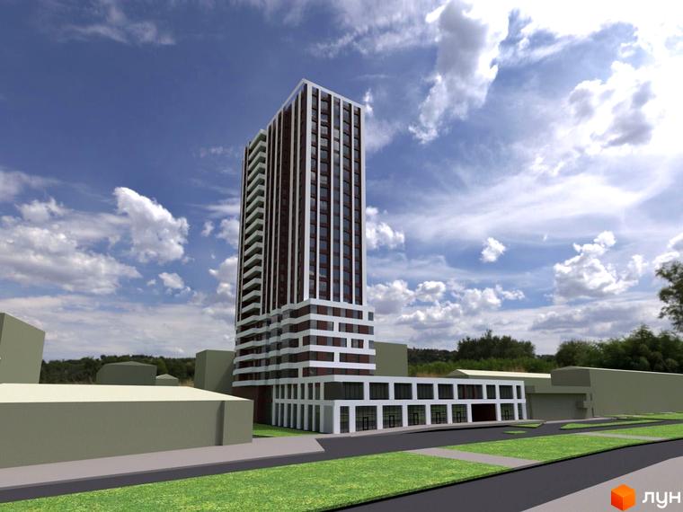 Зовнішній вигляд житлового комплексу Космос з високою вежею та низькою прибудинковою будівлею. Навколо зелена територія та дорога.