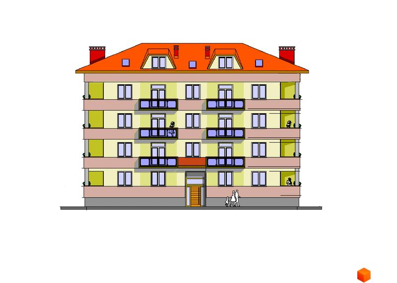 Фасад житлового комплексу VIDON з п'ятьма поверхами, балконами та дахом. На зображенні видно кілька вікон та людей на балконах.