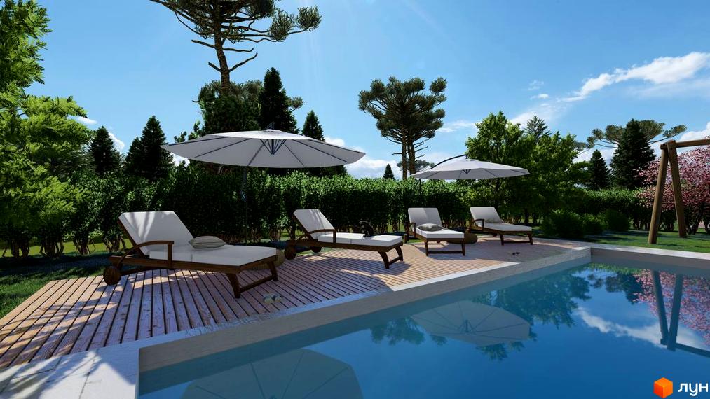 КМ BY THE RIVER: комфортний відпочинок біля басейну на дерев'яній терасі серед зелені та дерев. Відкритий простір для релаксу та насолоди природою.